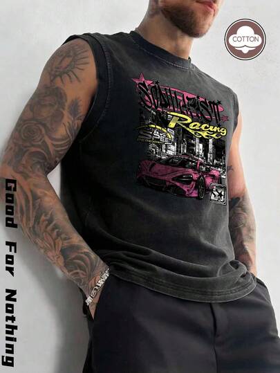 Oversized Sleeveless Racerback Tank Top, Distressed Black, Loose Fit Streetwear Style, Vintage Washed Finish, Wide Shoulder Design, Summer Streetstyle