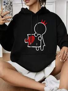 Pareja estilo dos piezas manga larga sudadera con capucha hombre y mujer pareja pareja fechas festivas desgaste casual abrigos grandes bolsillos tirantes sudadera con capucha top - Negro de mujer + Negro de hombre - Ver 3