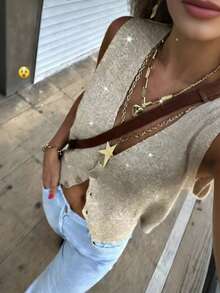 SEREN Summer New Deep V-Neck Front Button Top, Women's Vest, Loose, Casual, Vacation, Old Money Style, Sequin Top, Women's Knitted Cardigan, Daily Casual Wear Top, Summer Vacation Outfit, Beachwear,Women's Top For Music Festival Travel - Khaki - View 3