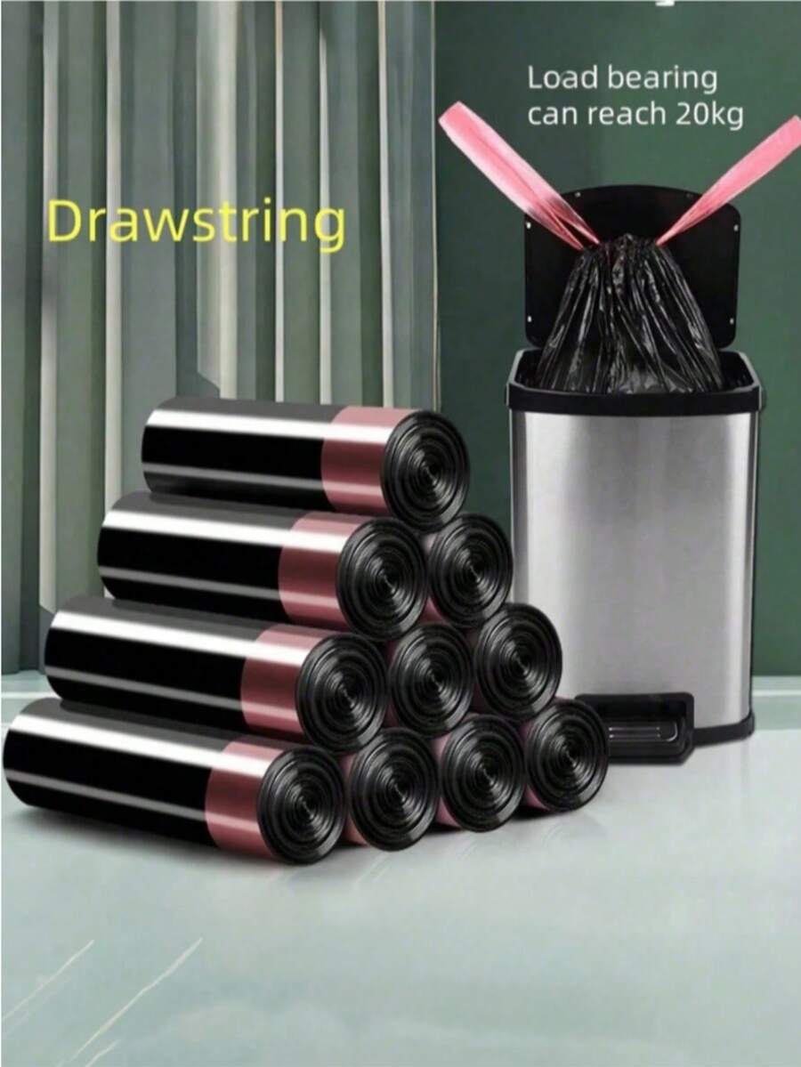 Verstärkte Zugband Müllbeutel, große schwarze Plastiktüten für Zuhause und Küche, tragbare Müllsäcke, verstärktes Design, geeignet für Wohnzimmer, Schlafzimmer, Badezimmer, Küche, Hotel und andere Anlässe