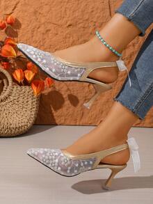 Women's Lace Patchwork Silver & Gold High Heel Shoes, Lace Embroidery Pointed Toe Sexy Stilettos, Hollow Out Breathable Evening Party Pumps - Gold - View 5