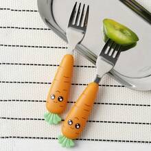 1pc Spoon / 3pcs Set Carrot Shaped Plastic Handle Stainless Steel Spoon Cutlery Set - Multicolor - View 2