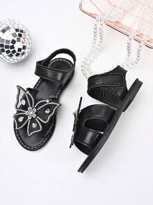 1双黑色加大码女童平底凉鞋，柔软皮革缝制，彩色水钻蝴蝶装饰，圆头，防滑软底，时尚休闲沙滩凉鞋，适合3-12岁女孩，2026春夏款 - 黑色 - 查看 3