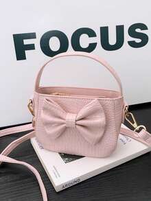 1pc Girls' Solid Color Crocodile Embossed Bow Decor PU Zipper Closure Handbag & Crossbody Bag, Suitable For All Seasons Daily Use - A - View 13