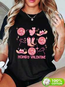 Camiseta unisex de San Valentín estilo occidental para mujeres |   Camiseta con patrón de vaquero occidental Howdy Valentine, impresión de corazón rosa y botas de vaquero, camiseta casual de manga corta y cuello redondo, verano, ropa casual y eventos temáticos, diseño divertido - Negro - Ver 1