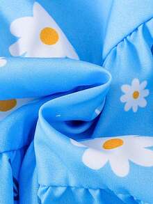 Young Girl Blue Floral Print Sleeveless Ruffle Hem Dress, Spring/Summer - Blue - View 10