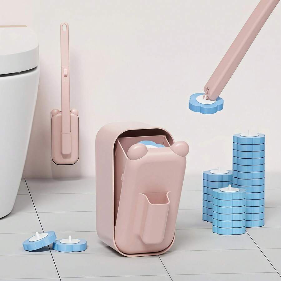 Home Care Disposable Toilet Brush Set With Wall-Mounted Design, No Dead Angle Cleaning & Powerful Stain Removal, Disposable Replacement Heads For Toilet Cleaning - 粉色 - 查看 1