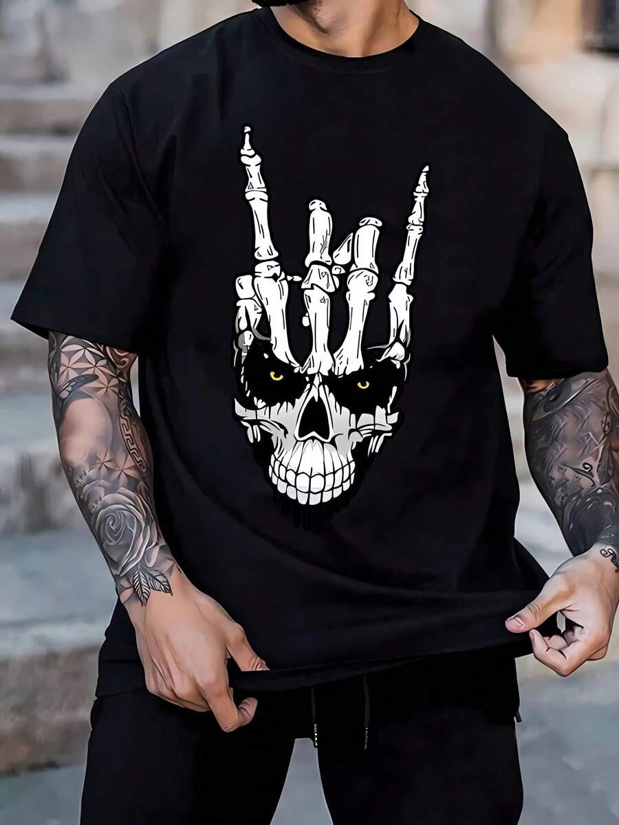 Unisex Gothic Rock Skull Print T-Shirt, 100% Cotton, New Release - 黑色 - 查看 1