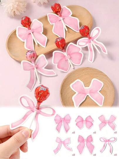 48pcs Cute Pink Bow Lollipop Cards, Bow Lollipop Decoration Cards, Adorable Cartoon Bow Pattern Lollipop Paper Packaging Bags, Birthday Lollipop Packaging Cards, Elegant Pink Bow Cardboard Decorations, Baby Shower Party Holiday Gathering Room Tabletop Lollipop Decoration Cards, Birthday Party Gifts
