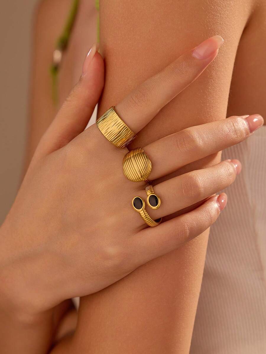 Bộ 3 chiếc nhẫn hở bằng thép không gỉ mạ vàng và đen kiểu cổ điển, thích hợp cho nữ đeo hàng ngày hoặc làm quà tặng. - Vàng - Xem 1