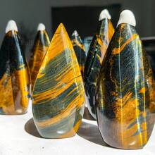 獨特的藍黃虎眼石水滴形裝飾球/掌心石，高端臥室與辦公室裝飾品，具不對稱裂紋與洞穴，拋光六角形，石材愛好者首選，完美節日禮物 - 彩色 - 查看 10