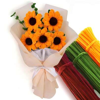 Sunflower Pipe Cleaners Craft Kit, 150/300 Pipe Cleaners, Thick Chenille Stems In Yellow/Green/Brown, DIY Flower Bouquet Making Supplies For Art Projects, Creative Decor, Handmade Gift