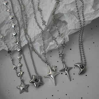 Y2K Mangxing Moon Pendant Necklace Set, Personalized Inlaid Rhinestone Star Love Snake Bone Stainless Steel Thick Chain Chain Necklace, Suitable For Wome