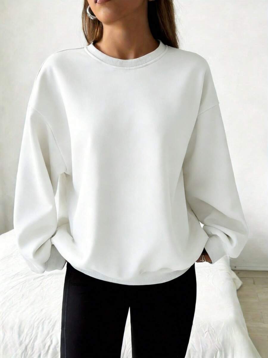 Women's Simple Everyday Round Neck Long Sleeve Sweatshirt, Long Sleeve Top - Autumn & Winter Couple Style, Unisex Comfortable Long-Sleeve Sweatshirt - 白色 - 查看 1