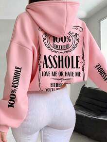 Plus Size Women Slogan Print Drop Shoulder Long Sleeve Casual Loose Thermal Lined Hoodie Sweatshirt, Autumn/Winter - 粉色 - 查看 1