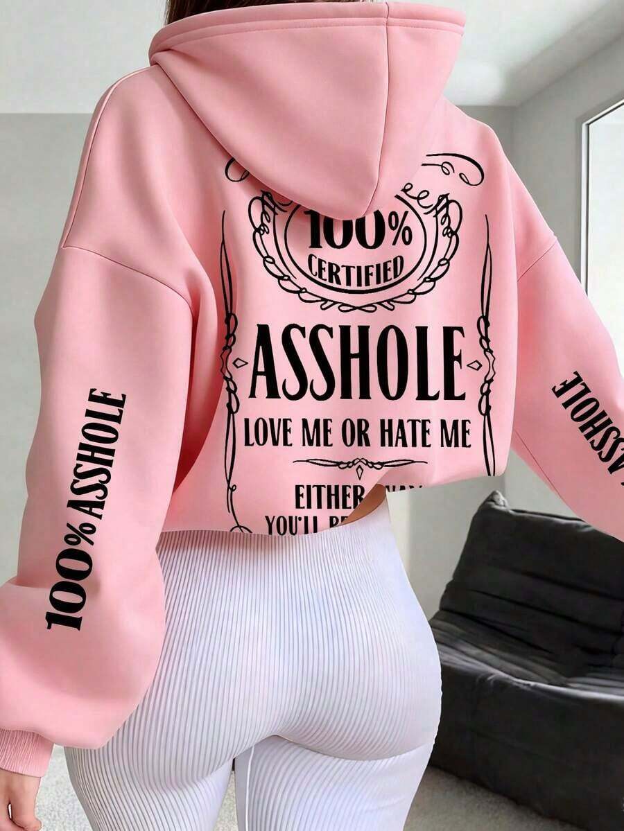 Plus Size Women Slogan Print Drop Shoulder Long Sleeve Casual Loose Thermal Lined Hoodie Sweatshirt, Autumn/Winter - 粉色 - 查看 1