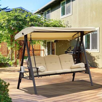  Outsunny 3 Seater Canopy Swing Chair, Outdoor Garden Swing Seat W/ Top Roof And Cushions