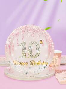 10pcs/20pcs/50pcs/80pcs Rose Gold 10th Birthday Party Paper Plates Cups And Napkins Tableware Girls 7 Inch Rose Golden Cake Plates 9 Inch Dinner Plates 10 Years Old Table Decorations Happy Ten Years Old Tableware Set Pink 10th Birthday Party Supplies - Multicolor - View 6