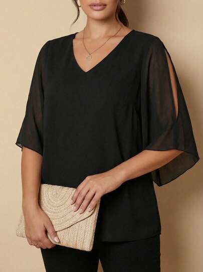 Whisplicity 女士加大码荷叶边 3/4 袖 V 领双层网眼衬衫宽松飘逸束腰上衣