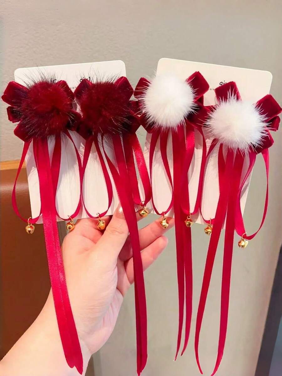 2pcs Girls' Red Furball Bow Bell Decor Ribbon Cute Versatile Festive Children Hair Clips For Ponytail, Suitable For Holidays And New Year - Hairpin - View 1
