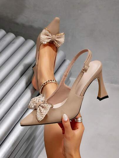 Women's New Apricot Pointed Toe High Heel Shoes, Crystal Bow Tie Ankle Strap Thin Heel Party Elegant Pumps