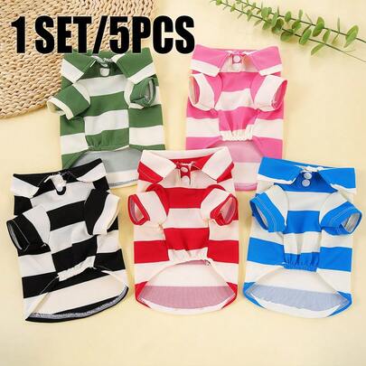 5pcs/Set Striped Polo Shirt Dog Clothes, Breathable & Cute Outfits For Small/Medium Dogs & Cats, Suitable For Chihuahua, French Bulldog, Dachshund, Yorkshire Terrier, Classic Design For Summer & Autumn