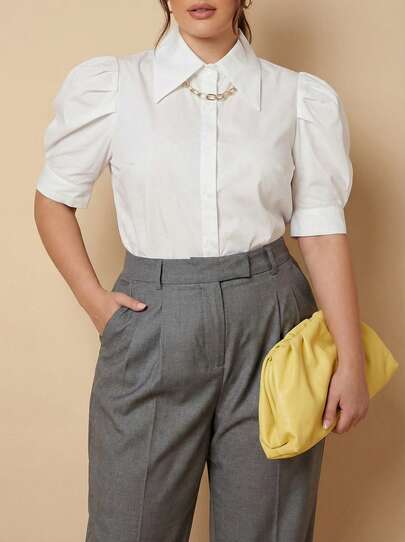 Whisplicity Plus Size Women Princess Sleeve Turndown Collar Casual Short Sleeve Shirt