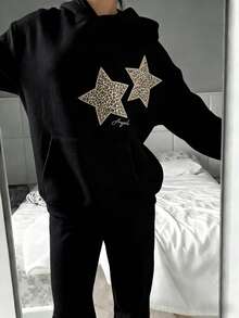 Trenfashion Women's Oversized Slogan Star Leopard Print, Y2K Aesthetic Heather Graphic Hoodies Drop Shoulder Pullover Casual Sweatshirt Fit&Long - 黑色 - 查看 9