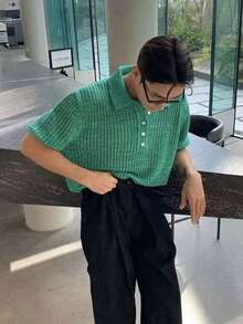 Men's Solid Color Hollow Polo Collar Short Sleeve Knit Sweater, Casual & Versatile, Spring/Summer - Green - View 6