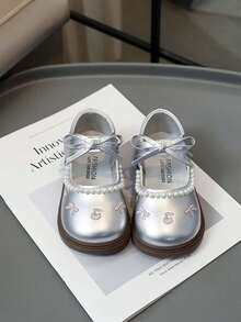 1 Pair New Pearl Cherry Girls Leather Shoes, Butterfly Embroidery Soft Bottom Princess Shoes - Silver - View 4