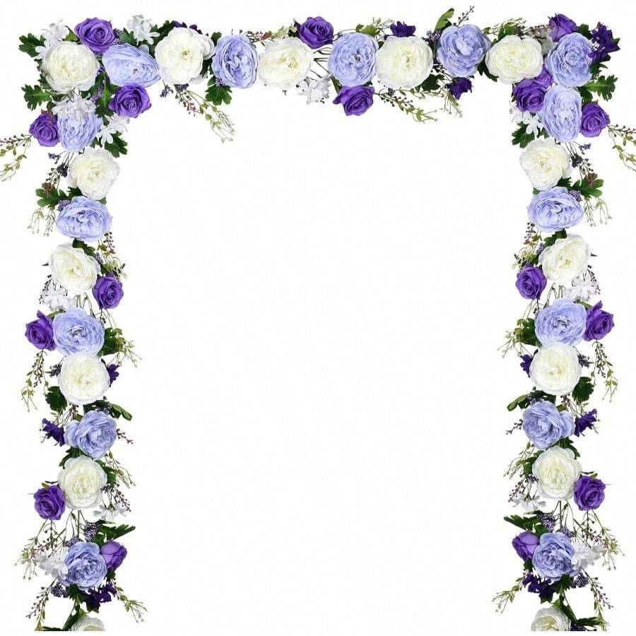 2Pack Artificial Peony Flower Garland - Silk Peony Garland With White Flowers Wedding Party Table Decoration, 6ft/Strand - White & Purple & Dark Purple + 1 - View 1