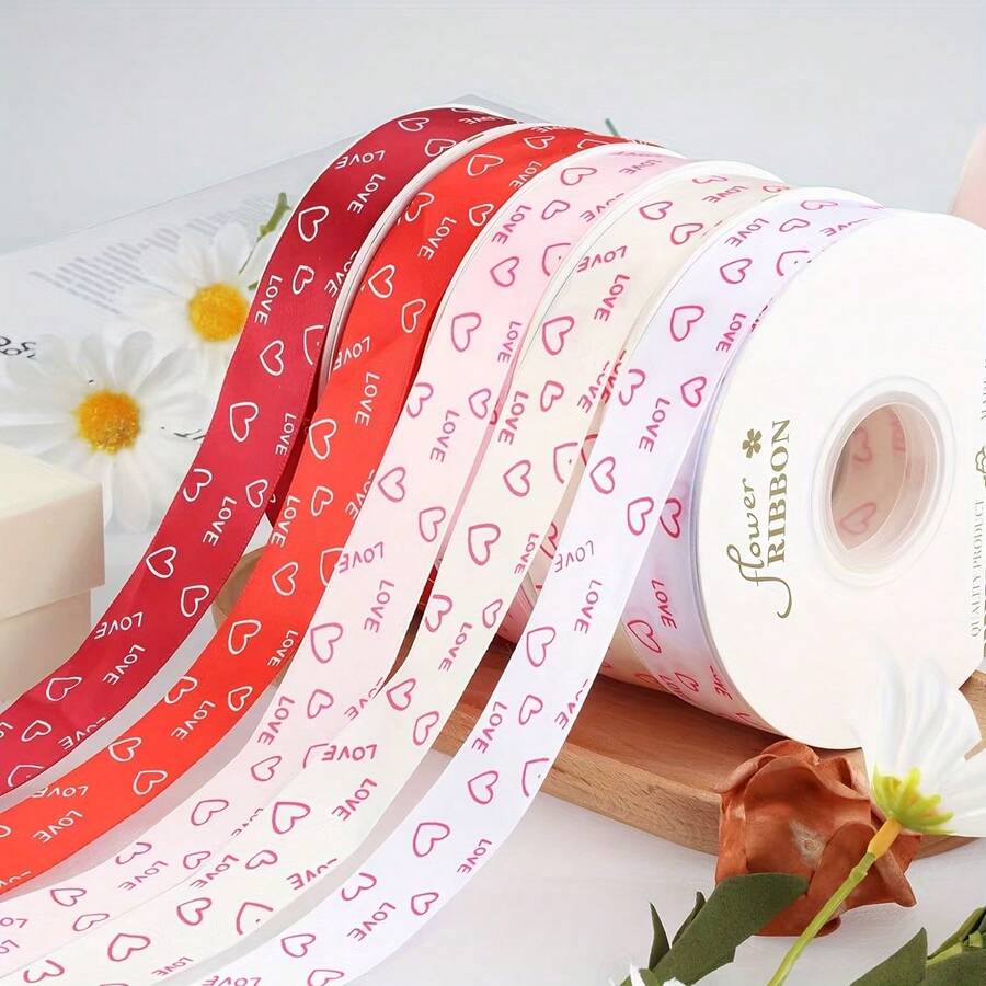 1 Roll Long Heart-Shaped Ribbon Suitable For Valentine's Day, DIY Bows, Gift Wrapping & Bouquet Decoration - Soft Heart Print Polyester Ribbon For Wedding, Decorations