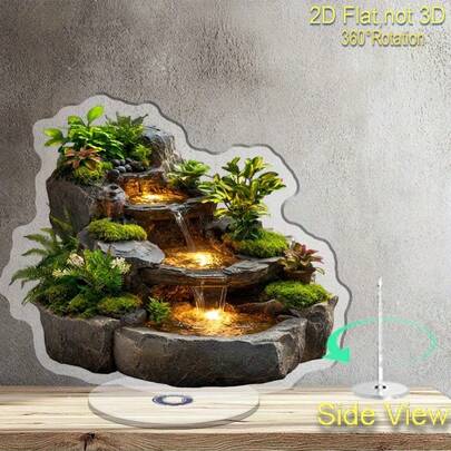 2D Rotating Acrylic Mini Waterfall Fountain - 2-Tier Stone Pool With Flowing Water & Tropical Plants, 360° Rotating Base, Suitable For Outdoor Zen Decor, Self-Contained Mini Ecosystem