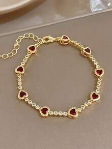1Pc Retro Luxury Heart Ruby Red Bracelet, Multi-Color Zirconia,Copper Gold Jewelry Dainty Chain,For Women,Daily/Boho/Party/Christmas,Valentine Birthday - Multicolor - View 7
