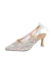 Women's Lace Patchwork Silver & Gold High Heel Shoes, Lace Embroidery Pointed Toe Sexy Stilettos, Hollow Out Breathable Evening Party Pumps - Gold - View 7