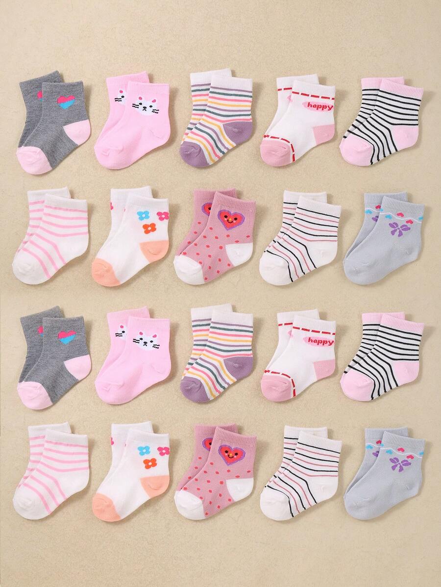 Zestaw skarpetek niemowlęcych żakardowych 20/10/5/1 z różowej serii, z uroczymi kwiatowymi wzorami. Skarpetki są nadrukowane we wzory takie jak kokardki, serduszka, kwiaty, paski i patchworkowe bloki kolorystyczne. Proste i swobodne, wygodne skarpetki średniej długości na każdą porę roku, skarpetki dla wcześniaków, a także skarpetki dla noworodków i małych dzieci. - Wielokolorowe - Zobacz 1