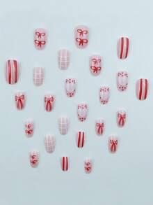 24pcs Valentine's Day Nail Art Set: Oval Shaped Press-On Nail Stickers In Red & Pink Heart, Grid, Bow, Heart Polka Dot, Stripe Patterns. Acrylic Press-On Nail Stickers Suitable For Short Nails, Can Be Used For Acrylic Nails, Red Nails, Pink Nails, Ideal For Nail Decoration. Suitable For Women's Dates, Parties, Enhancing Personal Charm! - View 5