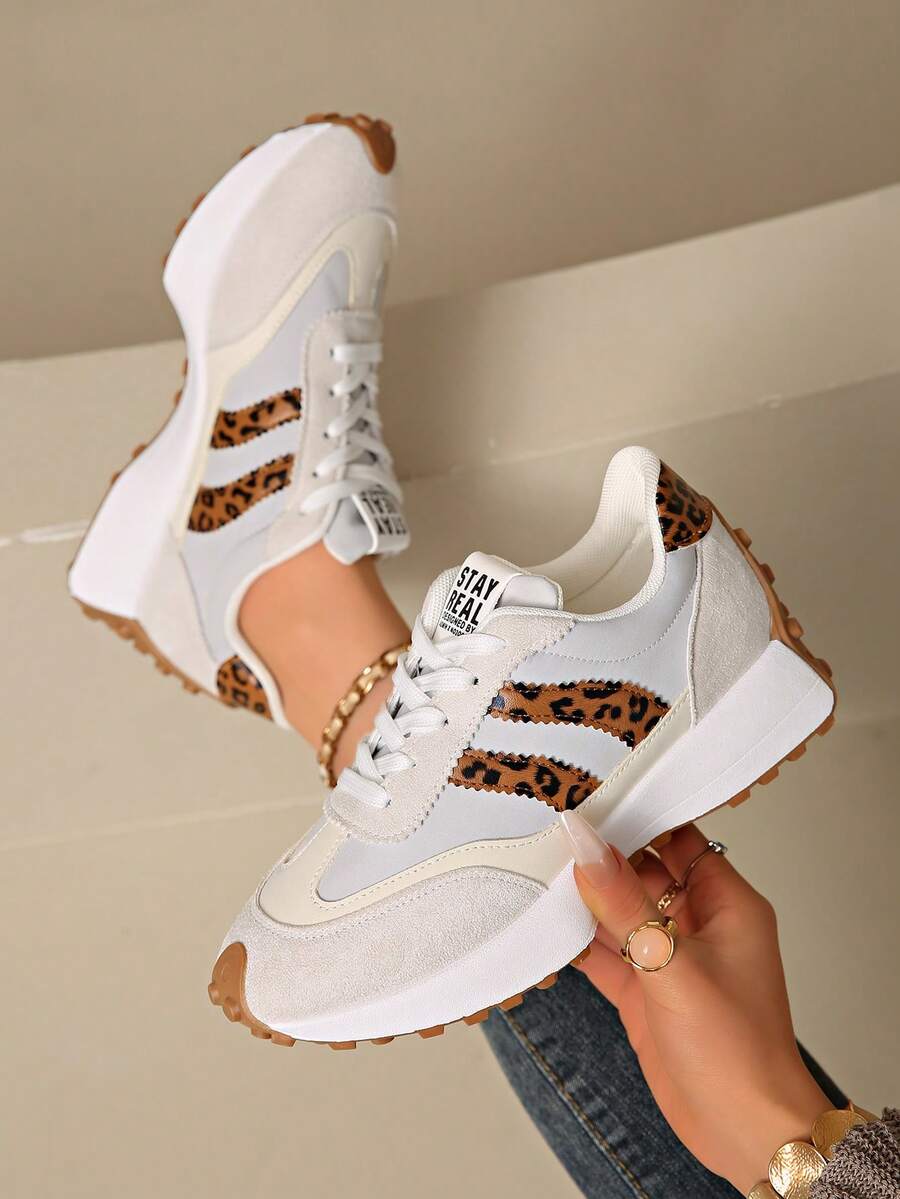 女士轻便跑步鞋 - 系带设计,多功能平底,透气面料和人造革材质 - 豹紋灰 - 查看 1