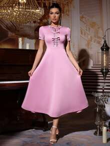 New Arrival Elegant Pink Sequin Bow Tie Dress, Sexy Formal Evening Gown For Wedding And Party - Coral Pink - View 4