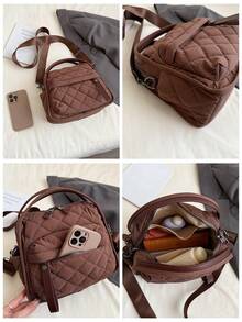 2025秋冬新款绗缝刺绣棉质手提包，简约优雅托特包，轻便面料斜挎包，休闲百搭多口袋单肩包，拉链封口，适合日常使用、购物、携带手机 - 彩色 - 查看 12