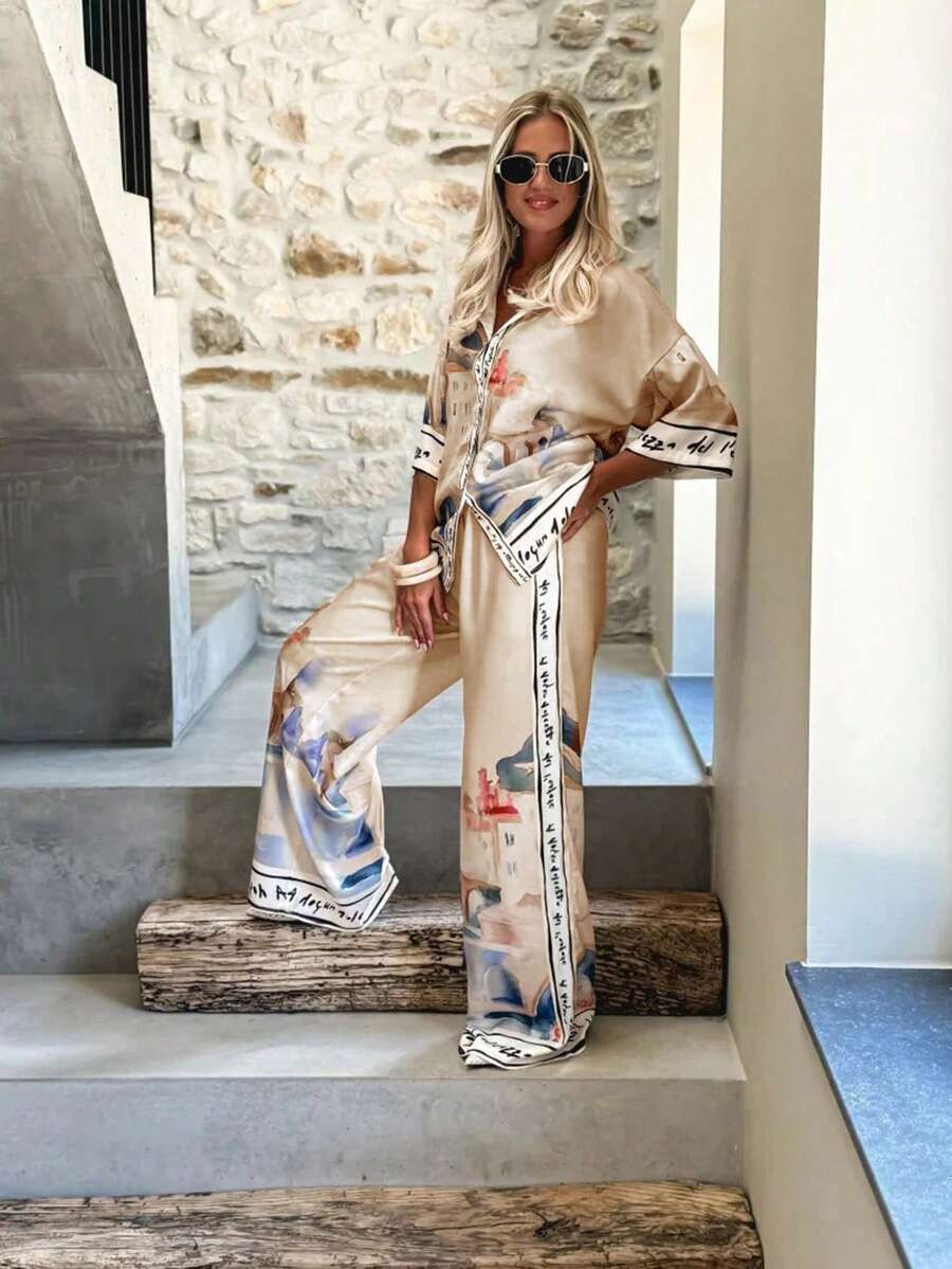 波西米亚风女装两件套，宽松翻领纽扣衬衫搭配阔腿裤，适合新年或秋季穿着。 - 香檳色 - 查看 1