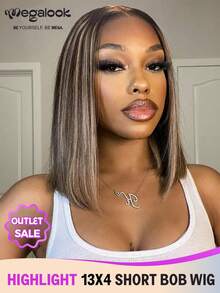 MEGALOOK 13x4 Lace Front Wig, Straight Bobcut, 12-14 Inches, Pre-Plucked Hairline, Colored Human Hair Wig, Transparent Lace Front Short Bobcut Wig For Women, Party, Y2K Cool Girl, Halloween Vibe, Holiday Essential - Piano Color - View 1