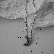 Y2K 芒星月亮吊坠项链套装，个性化镶嵌水钻星星爱心蛇骨不锈钢粗链项链，适合女性 - 銀色 - 查看 4