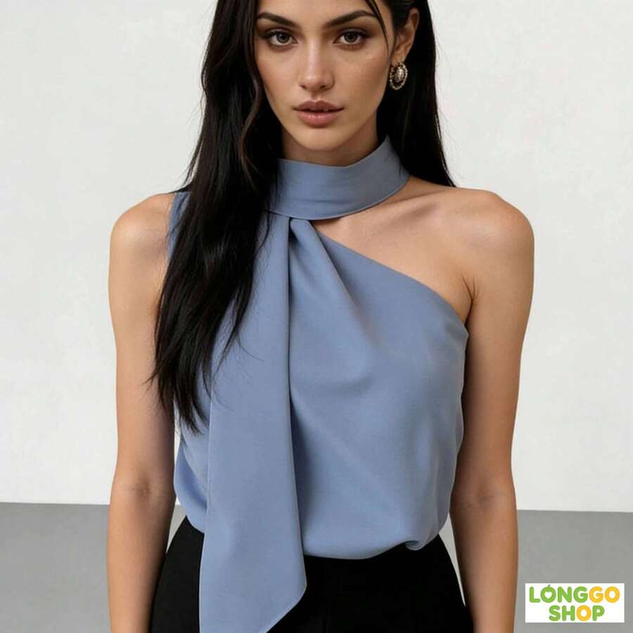 Made From Lightweight And Comfortable Linen, Perfect For The Brazilian Climate. The One-Shoulder Design With A Neck Tie Adds A Chic Touch Without Being Over The Top – Ideal For Combining Sophistication In The Office, And Also For Going Out With Friends After Work. It Easily Pairs With Trousers, Skirts Or Shorts, Making It A Versatile Piece That No Modern Woman's Wardrobe Should Be Without! - 藍色 - 查看 1