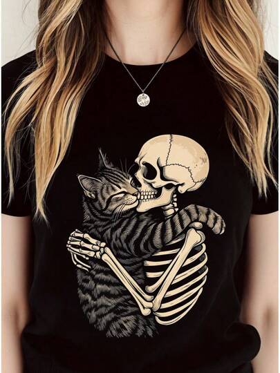 Nuevos estilos a la moda Camiseta Casual Mujer - Algodón 100% Suave Estampado Moderno Ideal para Todo Momento Liso Casual Ninguno Diario gato y esqueleto abrazándose diseño artístico detallado estilo gótico amor entre animales y muerte ilustración en blanco y negro moda alternativa urbana