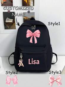 Customized Back-To-School Bow Print Backpack, Ideal For Daily Use; Fashionable And Versatile, Made Of Durable Nylon Material; Can Be Personalized With Name Or Holiday Greetings; Suitable For Both Men And Women; Elegant And Minimalist Design, Soft And Comfortable; Colorful; Cute And Charming; Ideal For Casual Wear; Unique Personalized Gift For Family And Friends. - Black and Pink Letter Pendant - View 4