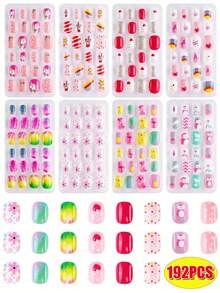 192片方形卡通图案软胶美甲贴纸，简约风格，适合女孩和儿童，超可爱DIY假指甲