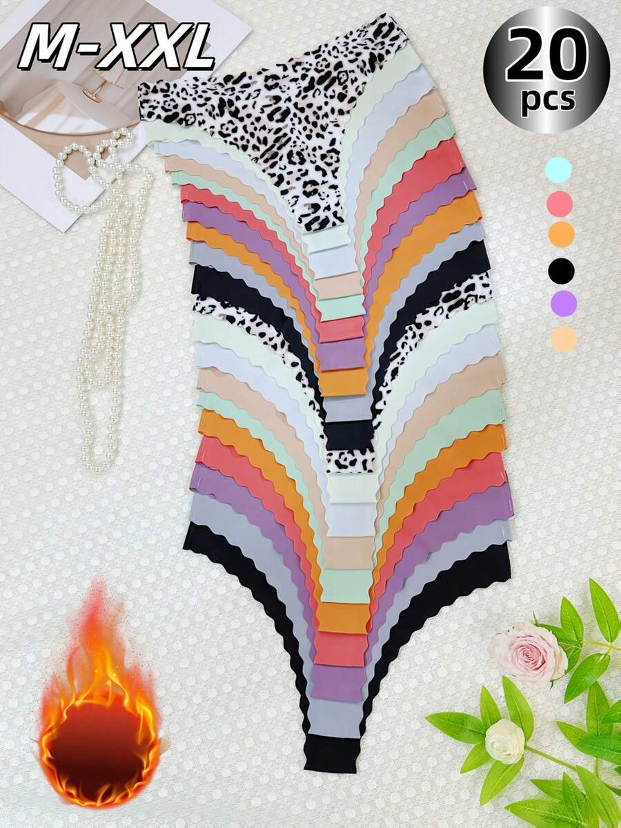 20-Piece Set. Mix Of Leopard Print & Solids. One-Piece, Ultra-Thin, Seamless Panties With Wavy Edges. Low-Rise, Quick-Dry, Breathable. Great For Dates, Indoor/Outdoor, Vacations. Pairs Well With Lingerie. Womenswear Thong Panties - 彩色 - 查看 1