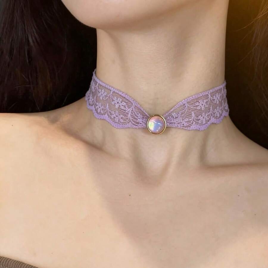 Brown, Lace, Vintage Choker Necklace, Women's, Retro Pearl, Heart Pendant, Clavicle Chain, Versatile Everyday Necklace. - 夢幻紫色項圈32+7cm - 查看 1