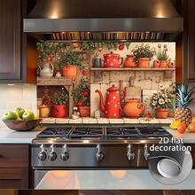 1-Piece 2D Flat Kitchen Sticker Features Red Cookware, Clay Pots, And Green Plants, Creating A Retro And Cozy Atmosphere. This Kitchen Wall Sticker Is Easy To Install, , And Made Of High-Quality PVC Material. - Multicolor - View 13